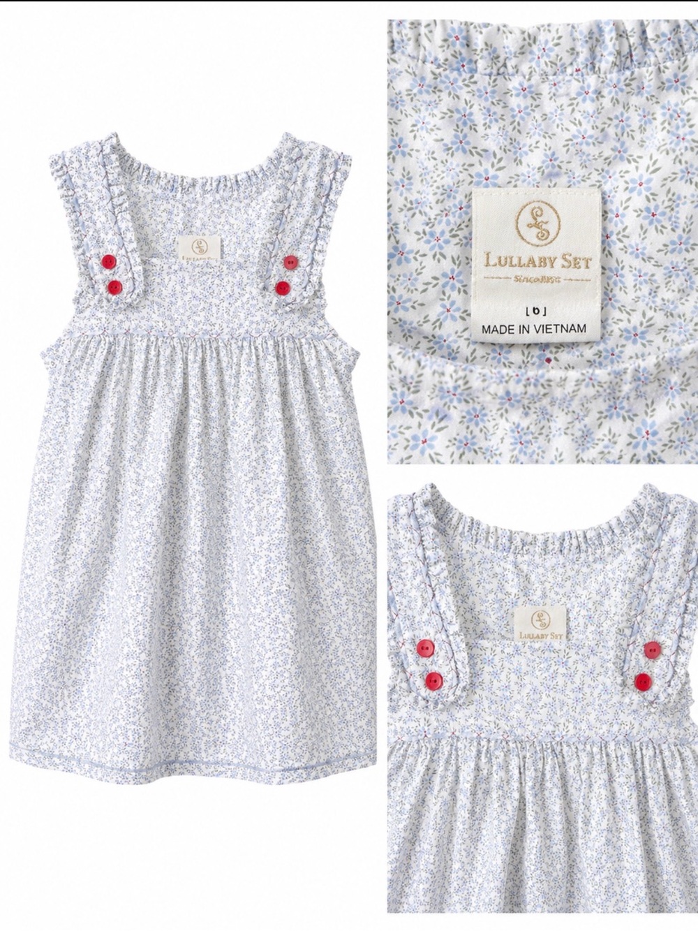 Lullaby Set Girls' Blue Floral Sundress Top with Red Button Detail